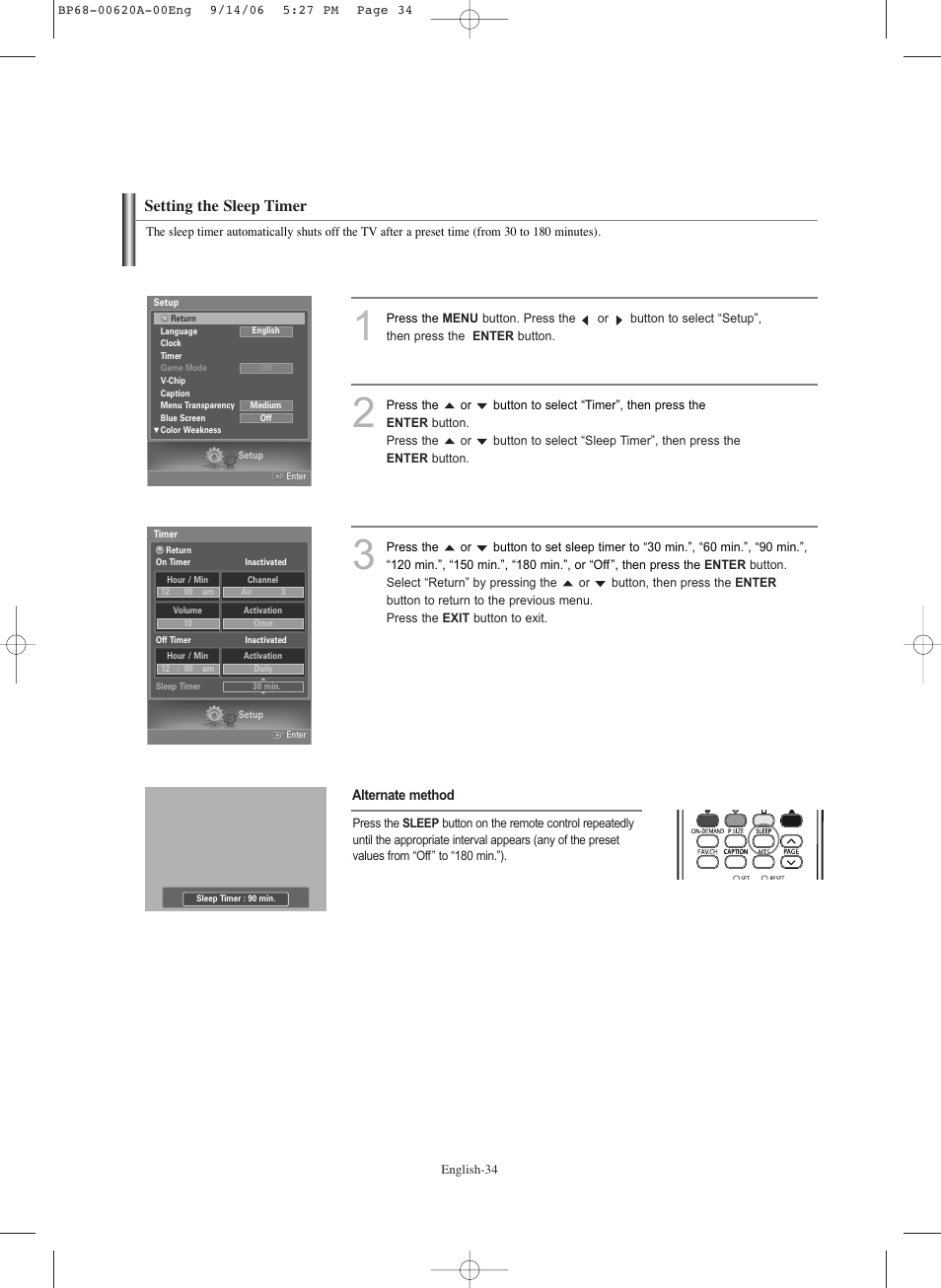 Setting the sleep timer | Samsung HL-S5686C User Manual | Page 34 / 107