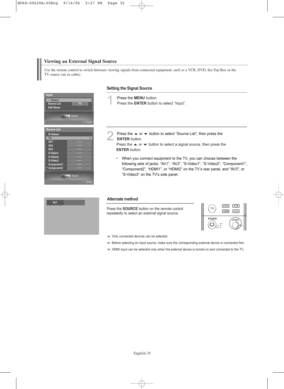 Viewing an external signal source | Samsung HL-S5686C User Manual | Page 35 / 107