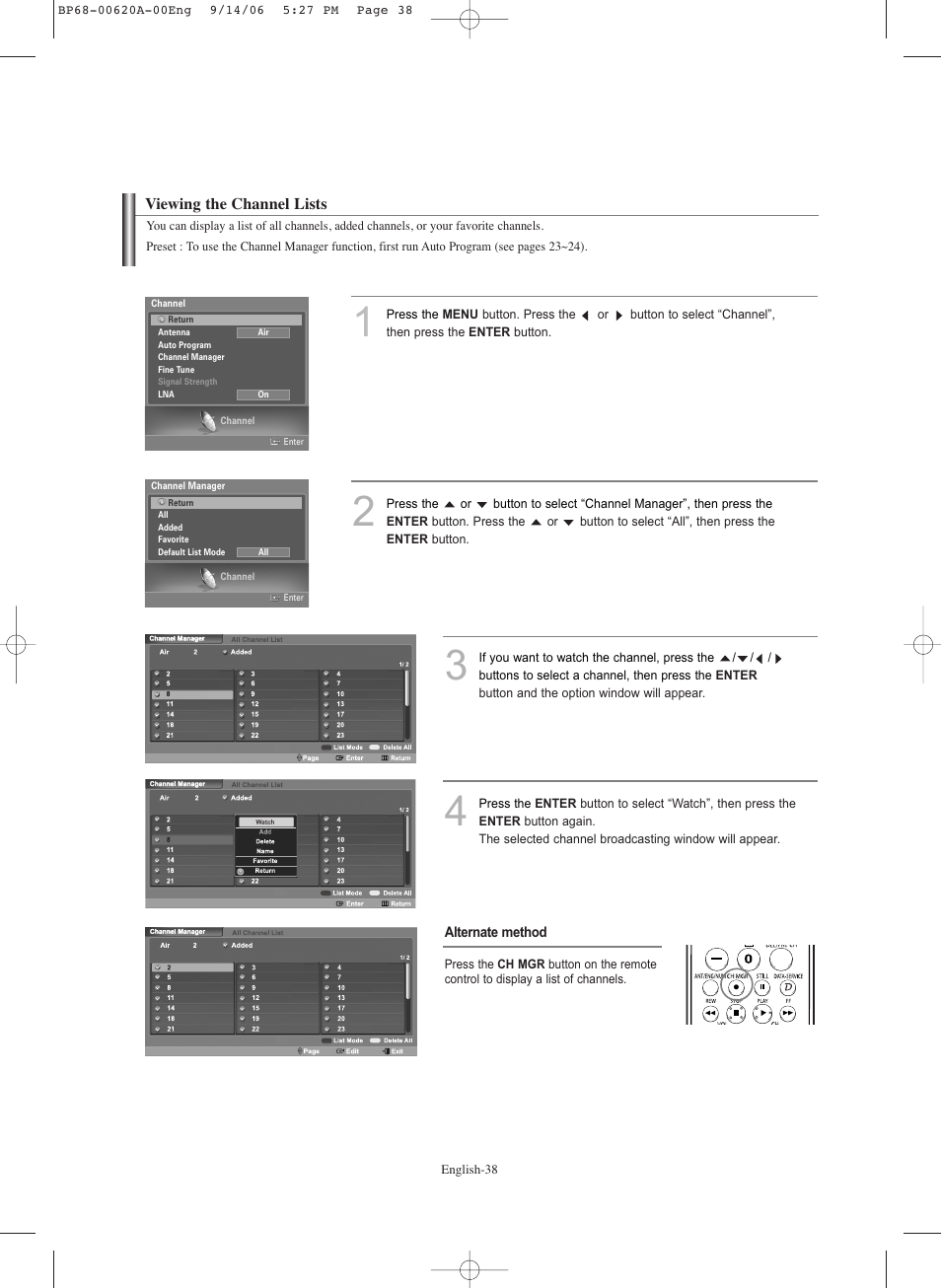 Viewing the channel lists | Samsung HL-S5686C User Manual | Page 38 / 107