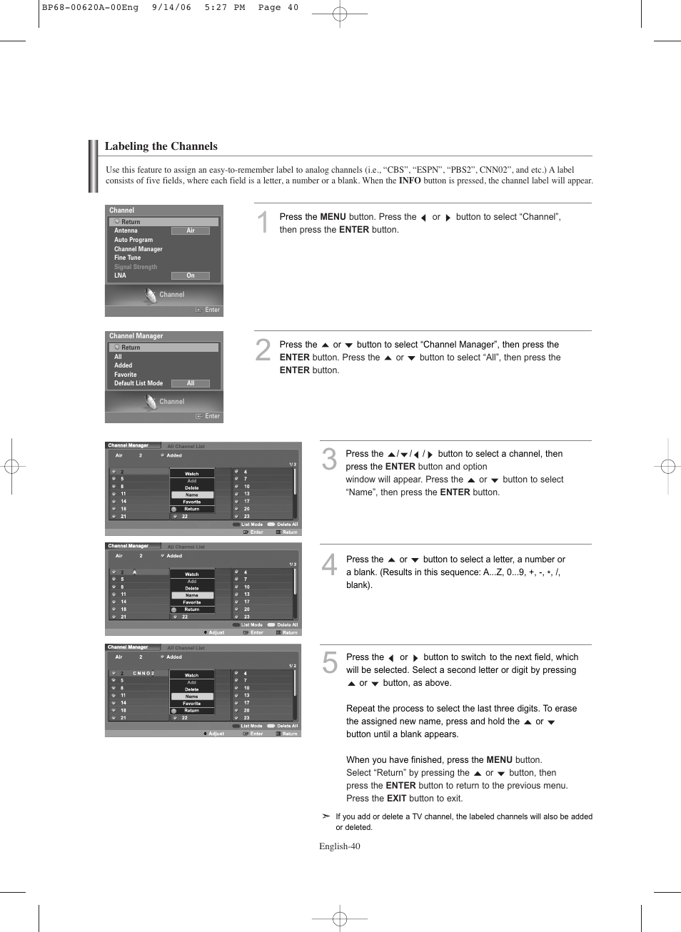 Labeling the channels | Samsung HL-S5686C User Manual | Page 40 / 107
