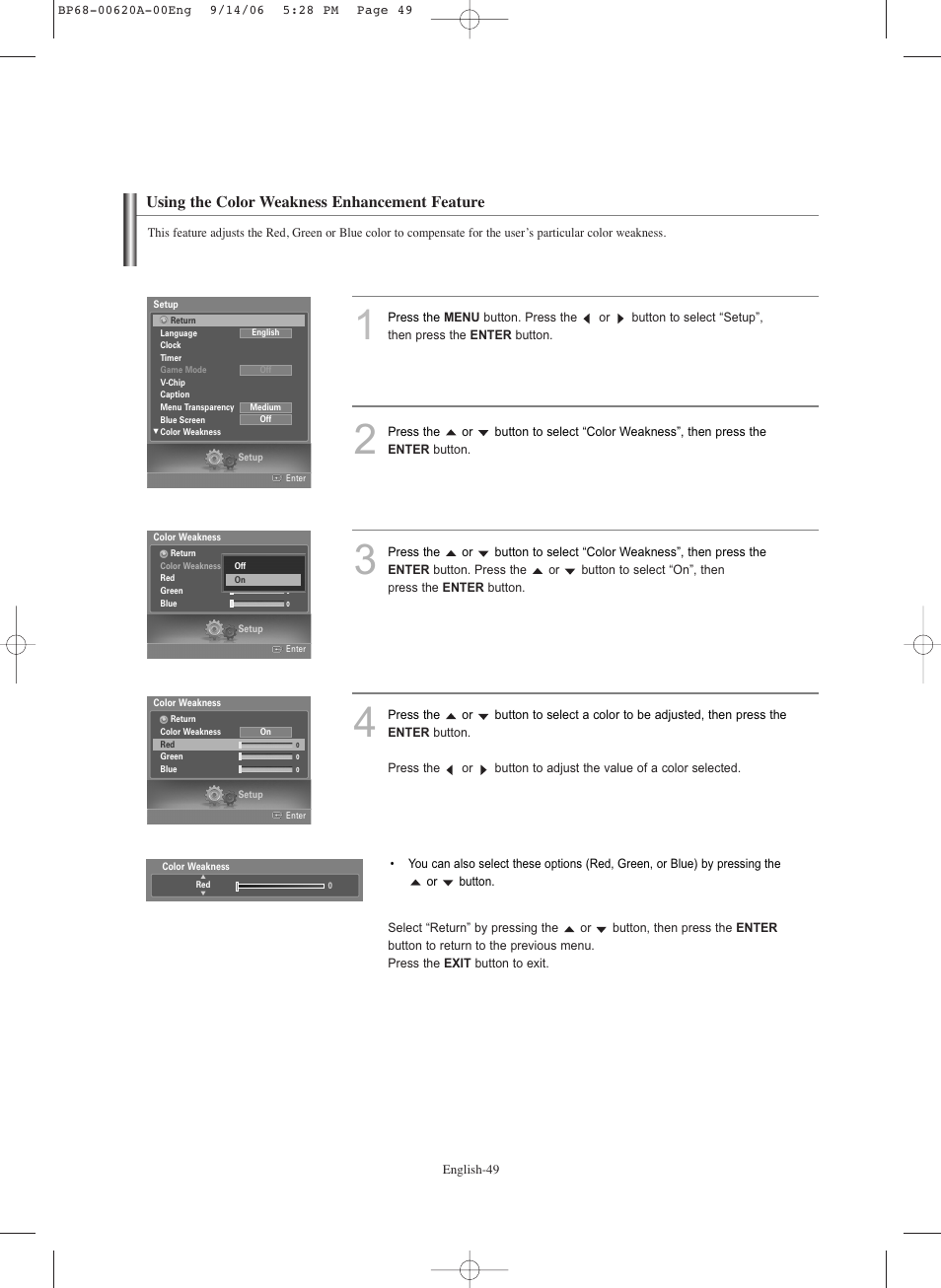 Using the colorweakness enhancement feature, Using the color weakness enhancement feature | Samsung HL-S5686C User Manual | Page 49 / 107