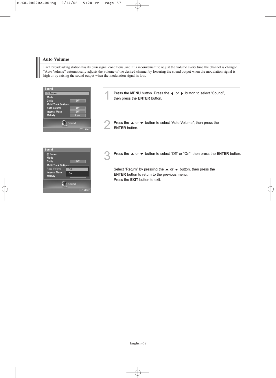 Auto volume | Samsung HL-S5686C User Manual | Page 57 / 107
