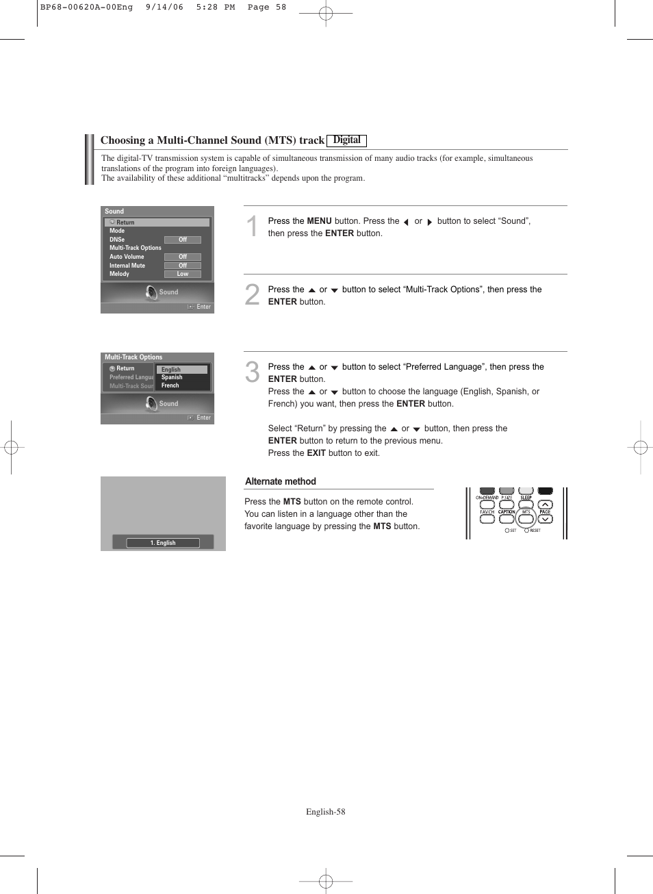 Choosing a multi-channel sound (mts) track-digital | Samsung HL-S5686C User Manual | Page 58 / 107