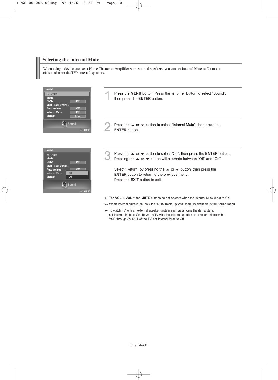 Selecting the internal mute | Samsung HL-S5686C User Manual | Page 60 / 107