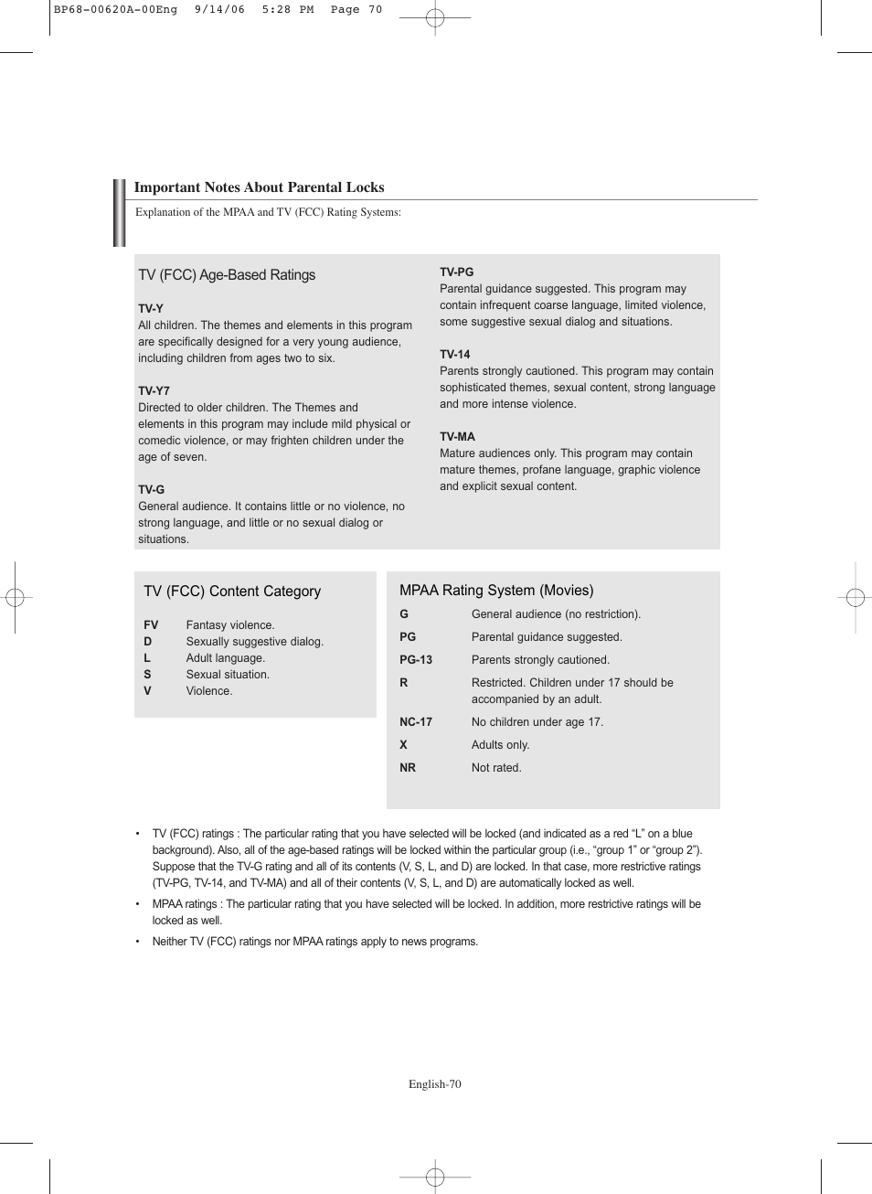 Important notes about parental locks | Samsung HL-S5686C User Manual | Page 70 / 107