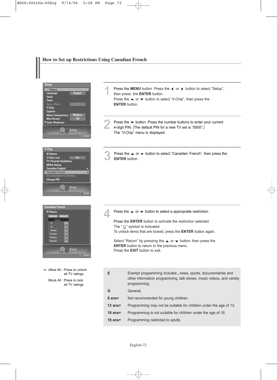 How to set up restrictions using canadian french | Samsung HL-S5686C User Manual | Page 72 / 107