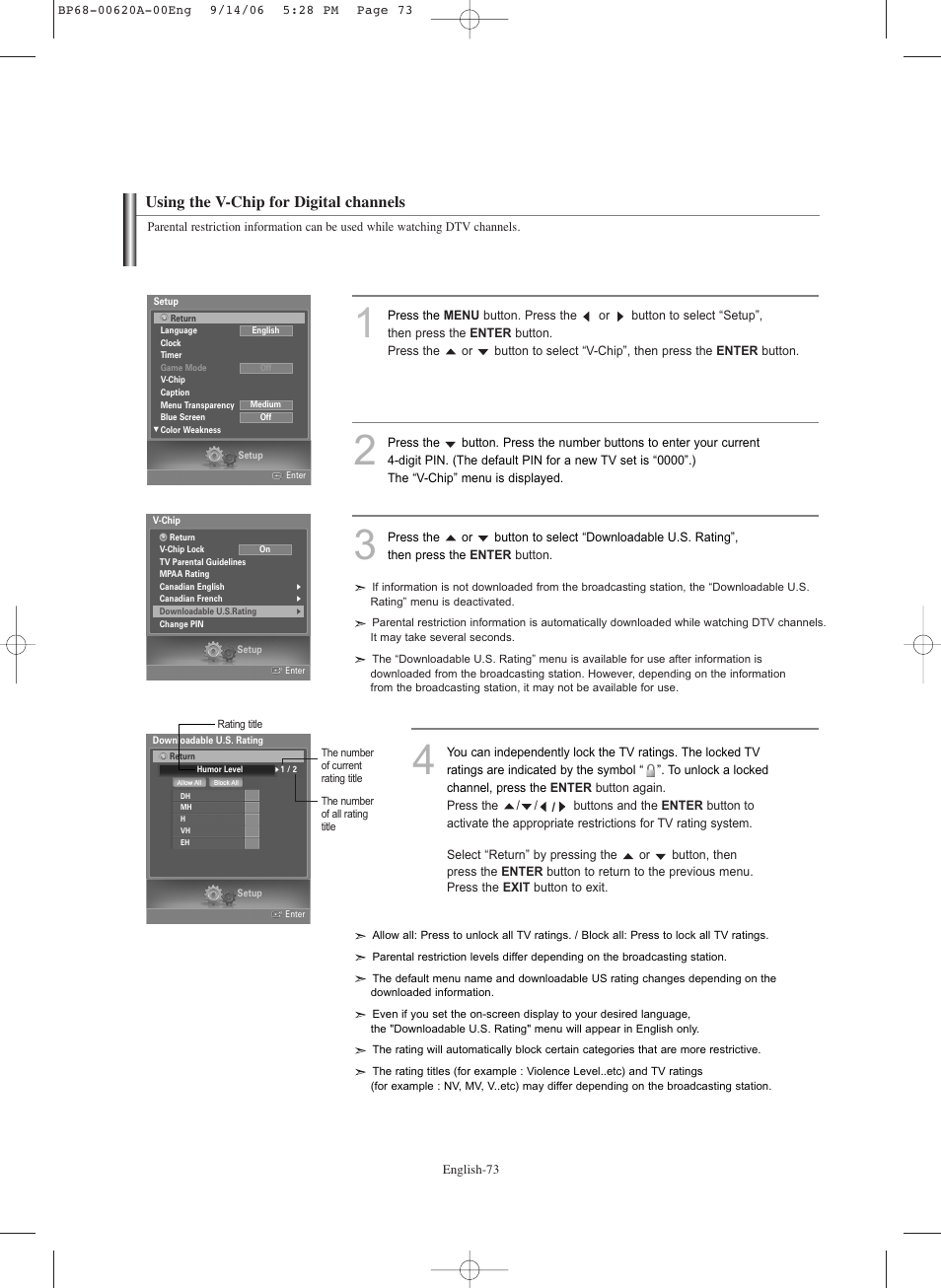Using the v-chip for digital channels | Samsung HL-S5686C User Manual | Page 73 / 107