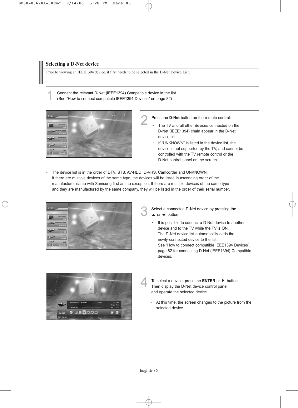 Selecting a d-net device | Samsung HL-S5686C User Manual | Page 86 / 107