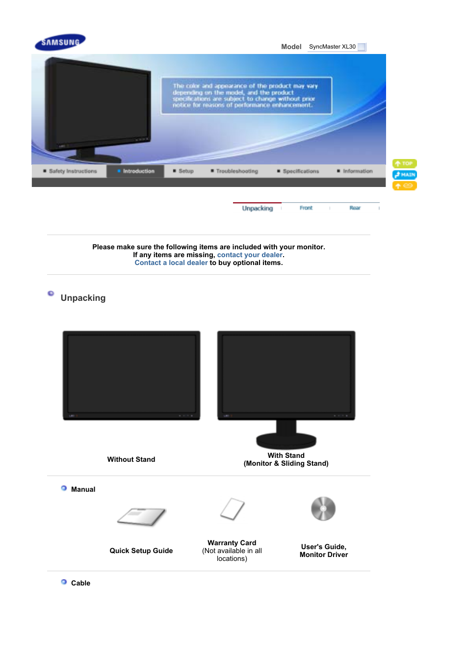 Introduction, Unpacking | Samsung SyncMaster XL30 User Manual | Page 10 / 34