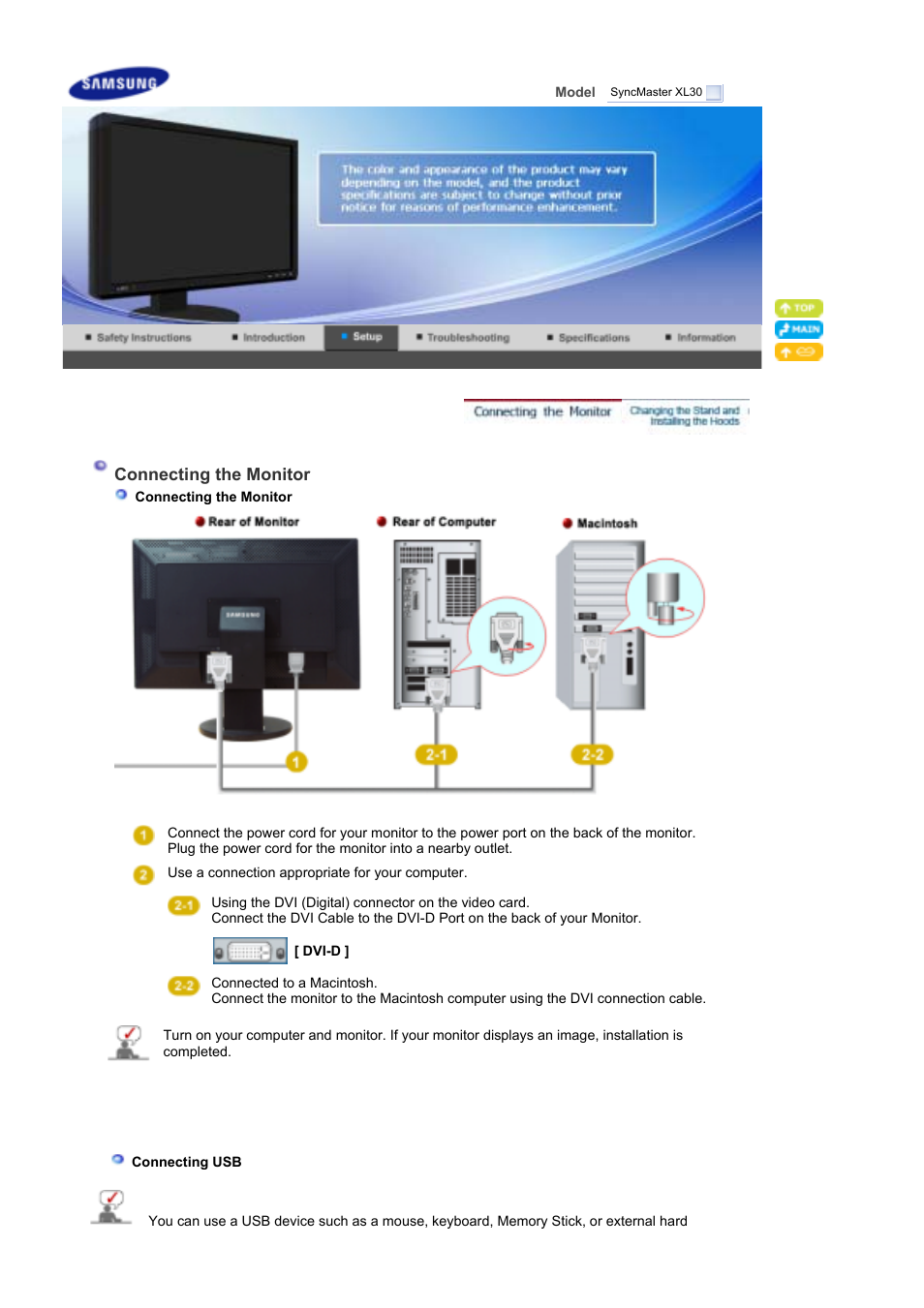Setup, Connecting the monitor | Samsung SyncMaster XL30 User Manual | Page 15 / 34