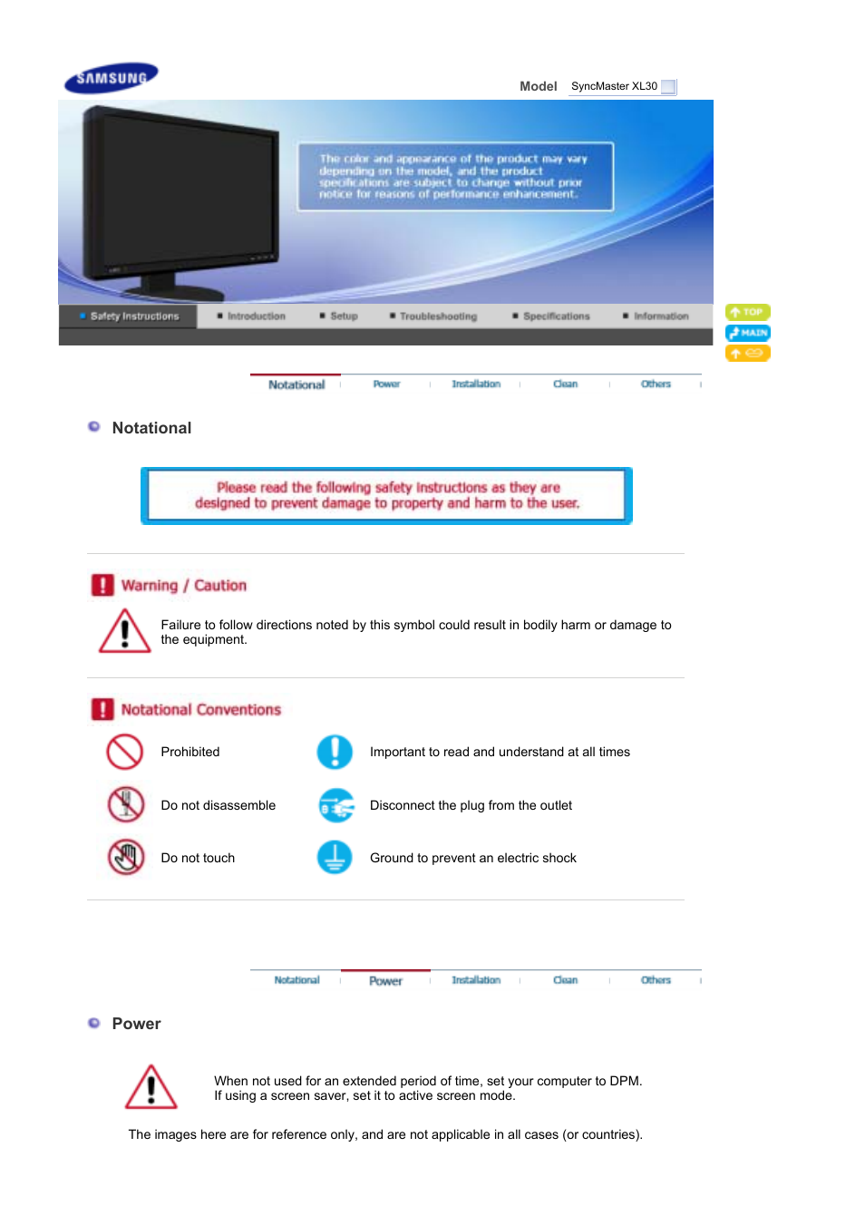 Safty instructions, Notational, Power | Samsung SyncMaster XL30 User Manual | Page 2 / 34