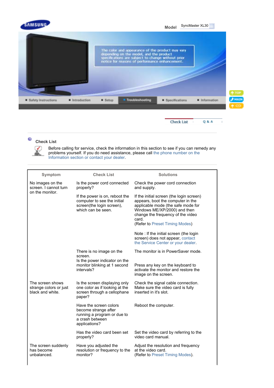 Troubleshooting, Check list | Samsung SyncMaster XL30 User Manual | Page 21 / 34