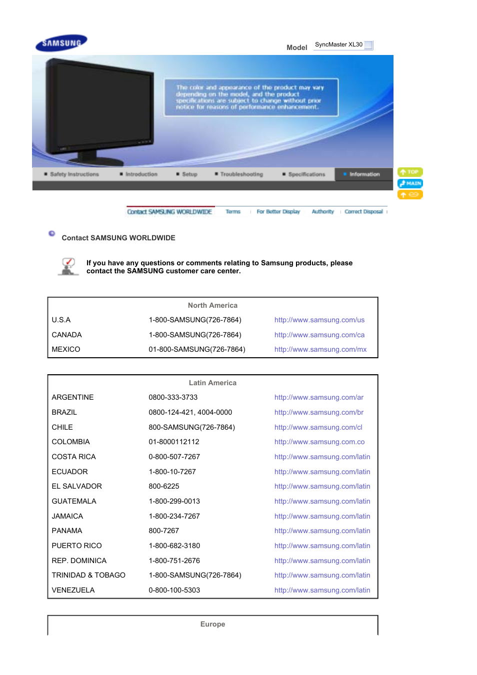 Contact samsung worldwide | Samsung SyncMaster XL30 User Manual | Page 26 / 34