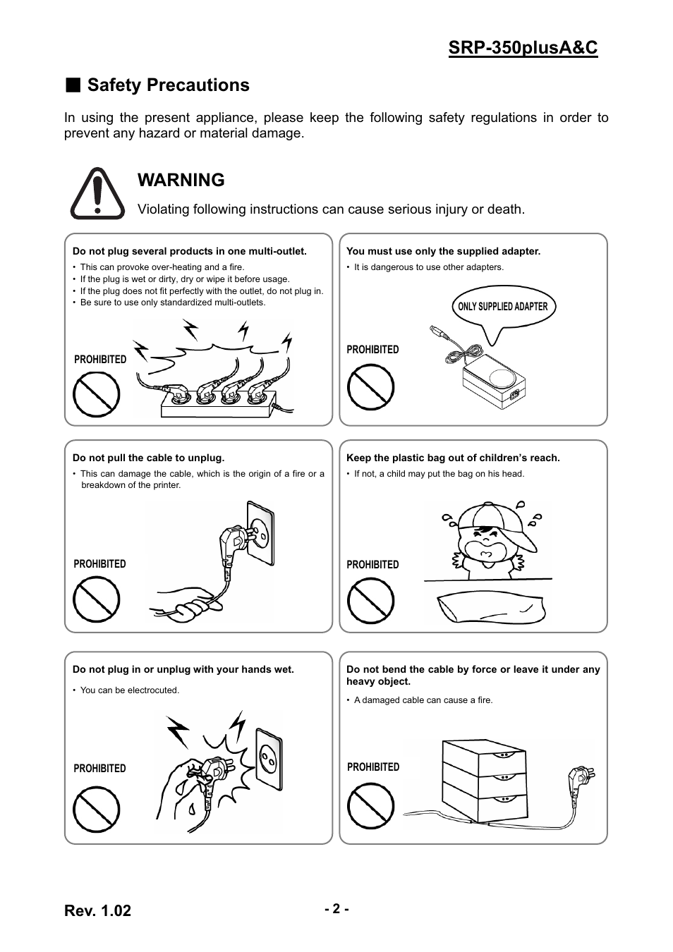 Srp-350plusa&c ഓ safety precautions, Warning, Rev. 1.02 | Samsung SRP-350PLUSA&C User Manual | Page 2 / 22