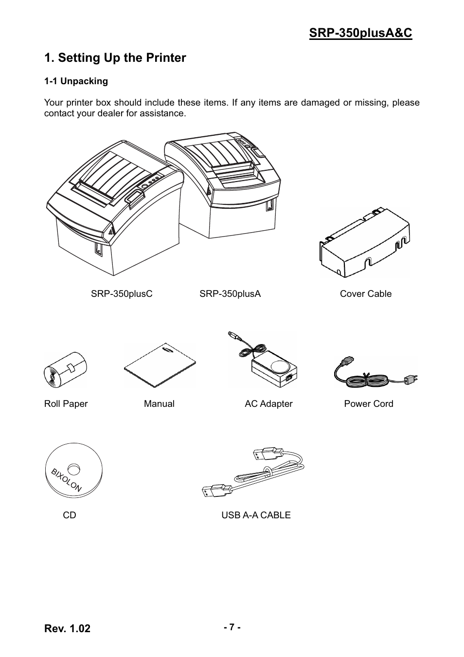 Srp-350plusa&c 1. setting up the printer | Samsung SRP-350PLUSA&C User Manual | Page 7 / 22