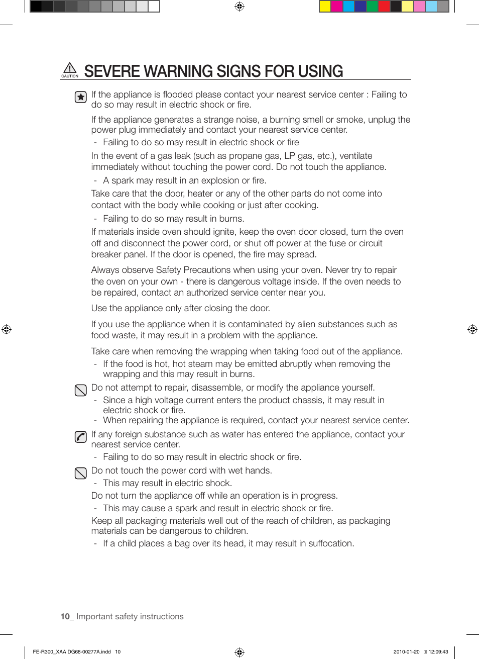 Severe warning signs for using | Samsung FE-R300SB User Manual | Page 10 / 44