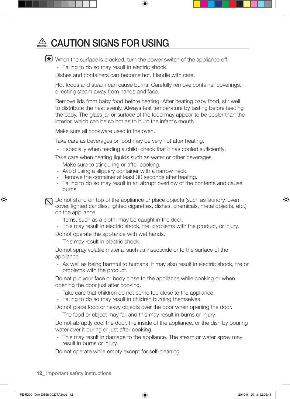 Caution signs for using | Samsung FE-R300SB User Manual | Page 12 / 44
