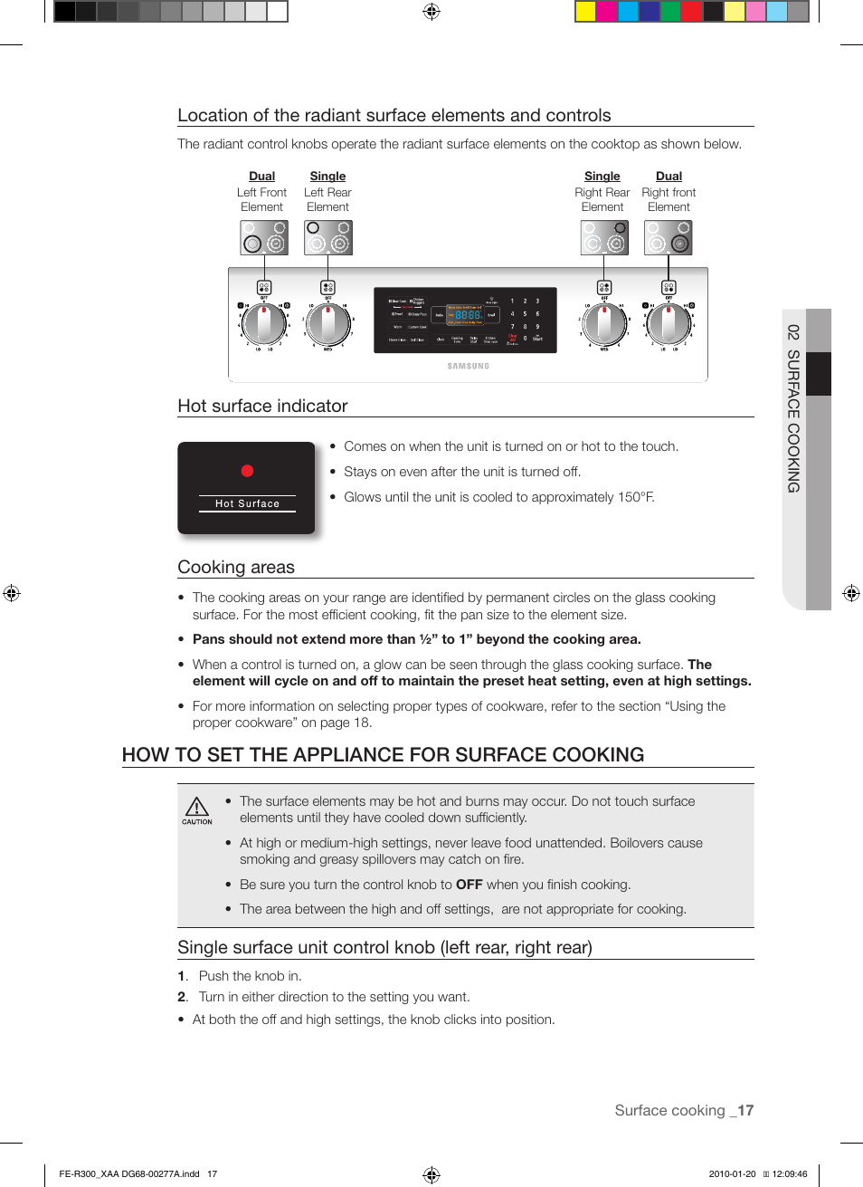 How to set the appliance for surface cooking, Hot surface indicator, Cooking areas | Samsung FE-R300SB User Manual | Page 17 / 44