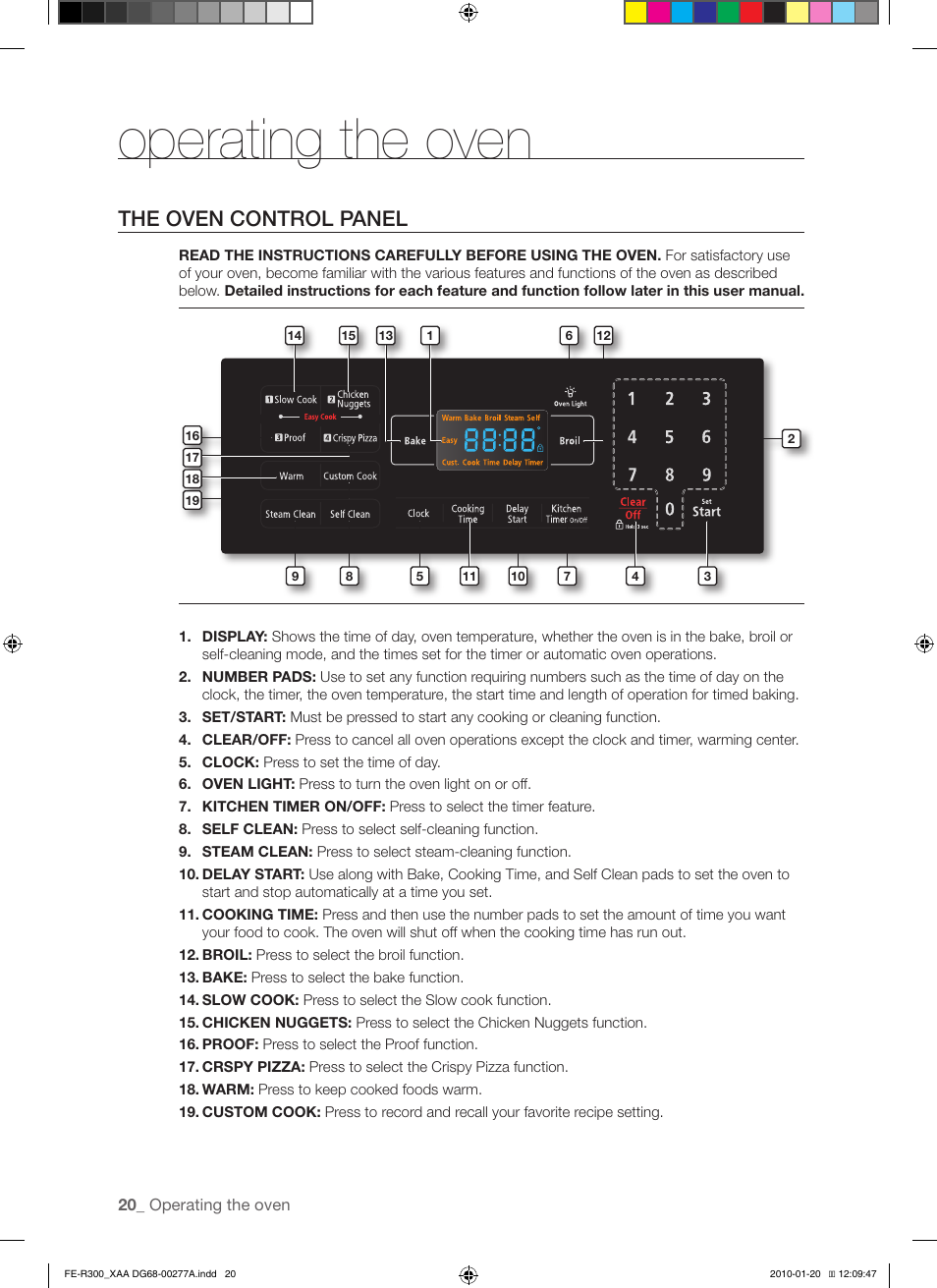 Operating the oven, The oven control panel | Samsung FE-R300SB User Manual | Page 20 / 44