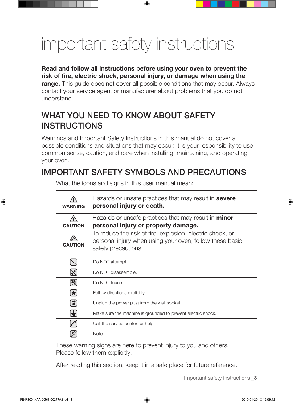 Important safety instructions, What you need to know about safety instructions, Important safety symbols and precautions | Samsung FE-R300SB User Manual | Page 3 / 44