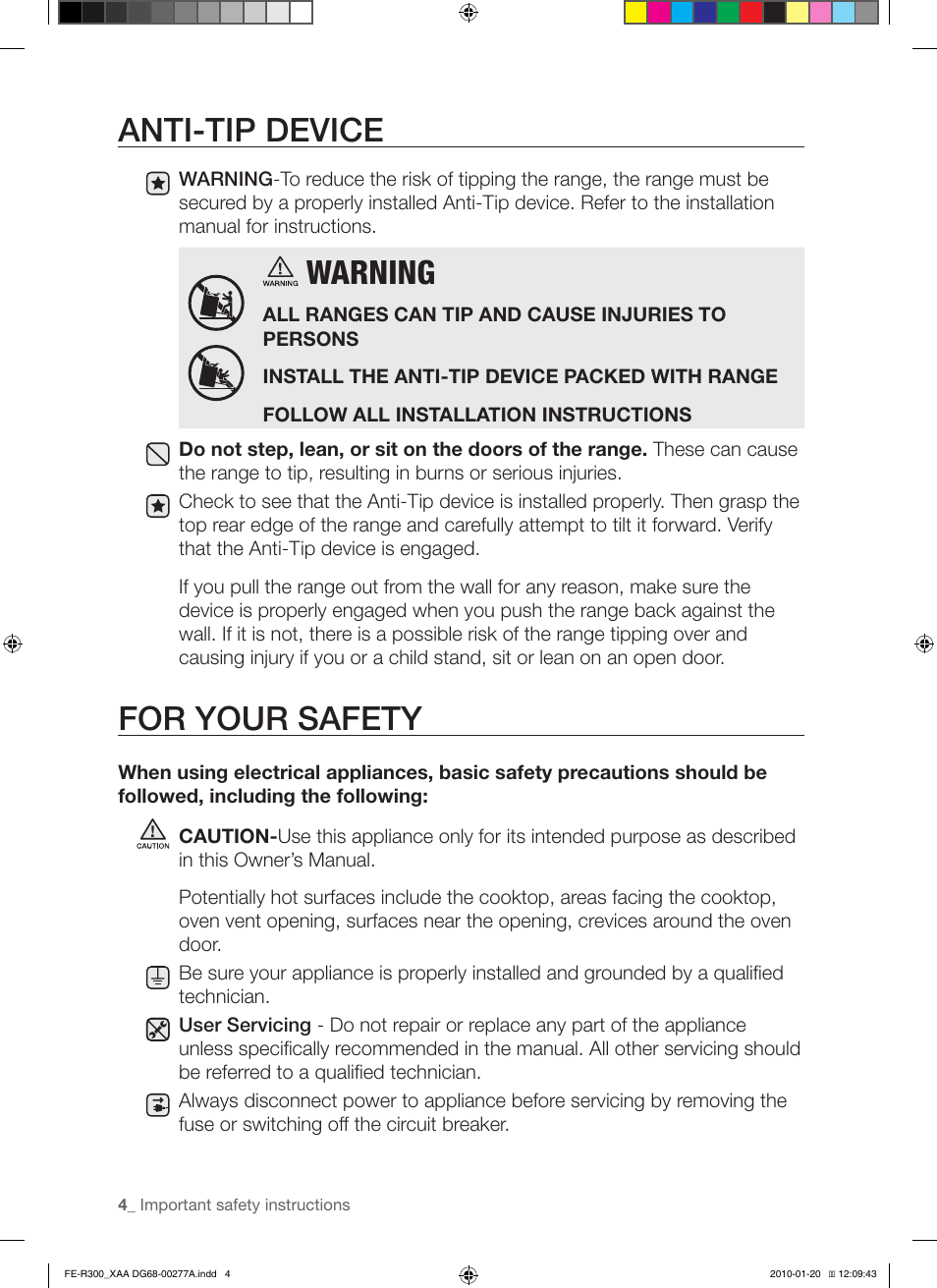 Anti-tip device, Warning, For your safety | Samsung FE-R300SB User Manual | Page 4 / 44