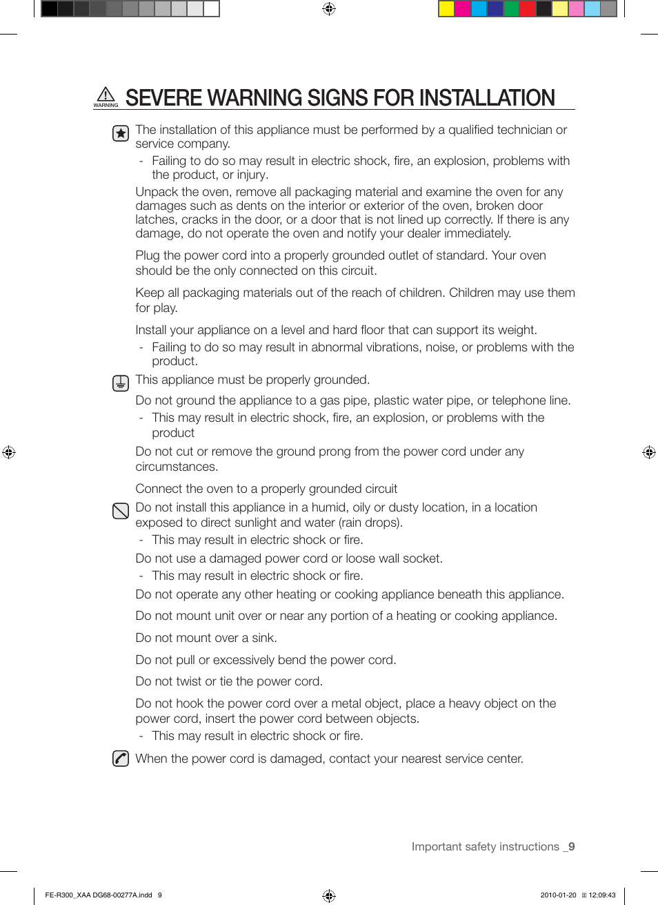 Severe warning signs for installation | Samsung FE-R300SB User Manual | Page 9 / 44