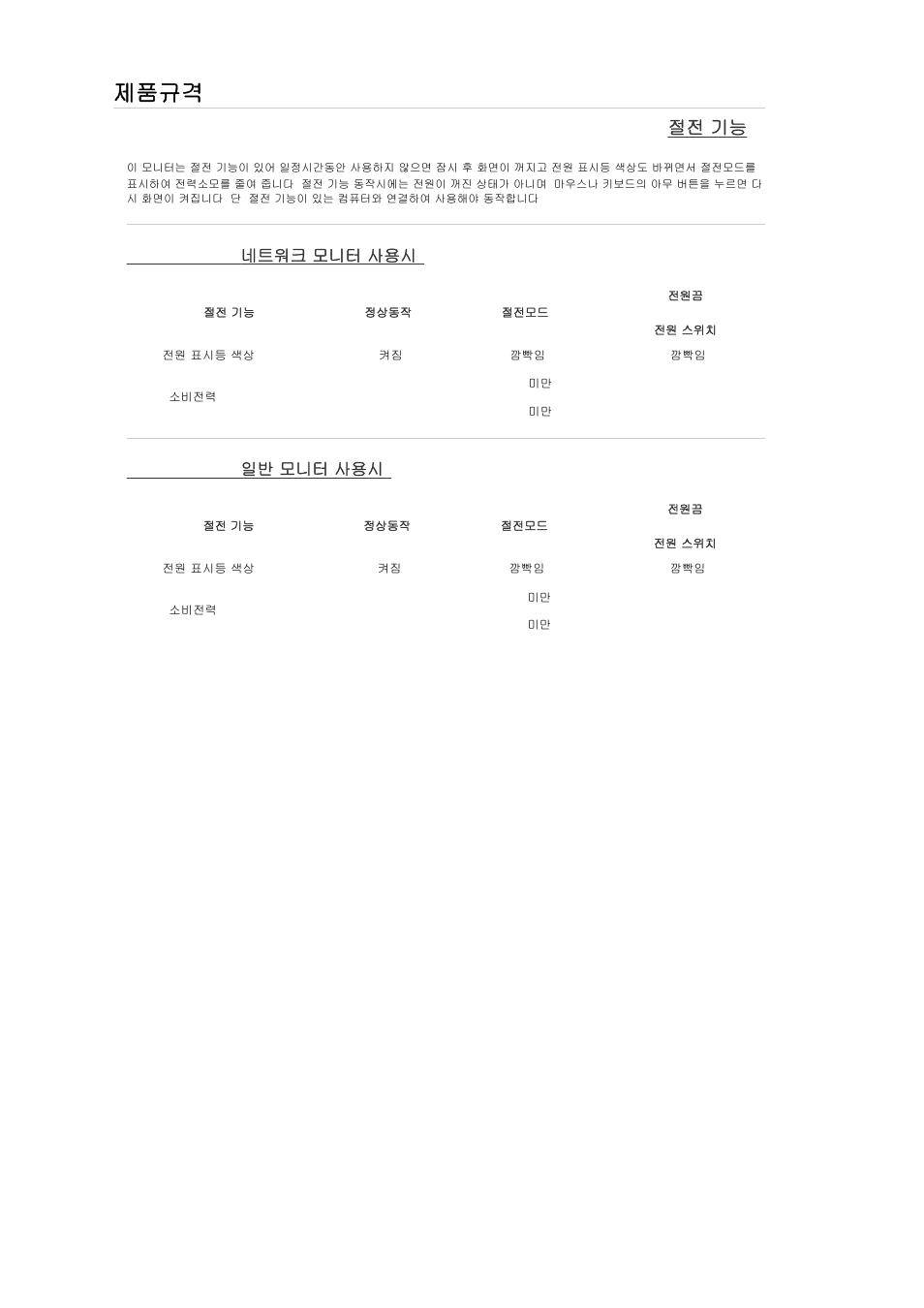 절전 기능, Powersaver (네트워크 모니터 사용시), Powersaver (일반 모니터 사용시) | 제품규격 | Samsung 400MXN-2 User Manual | Page 101 / 111