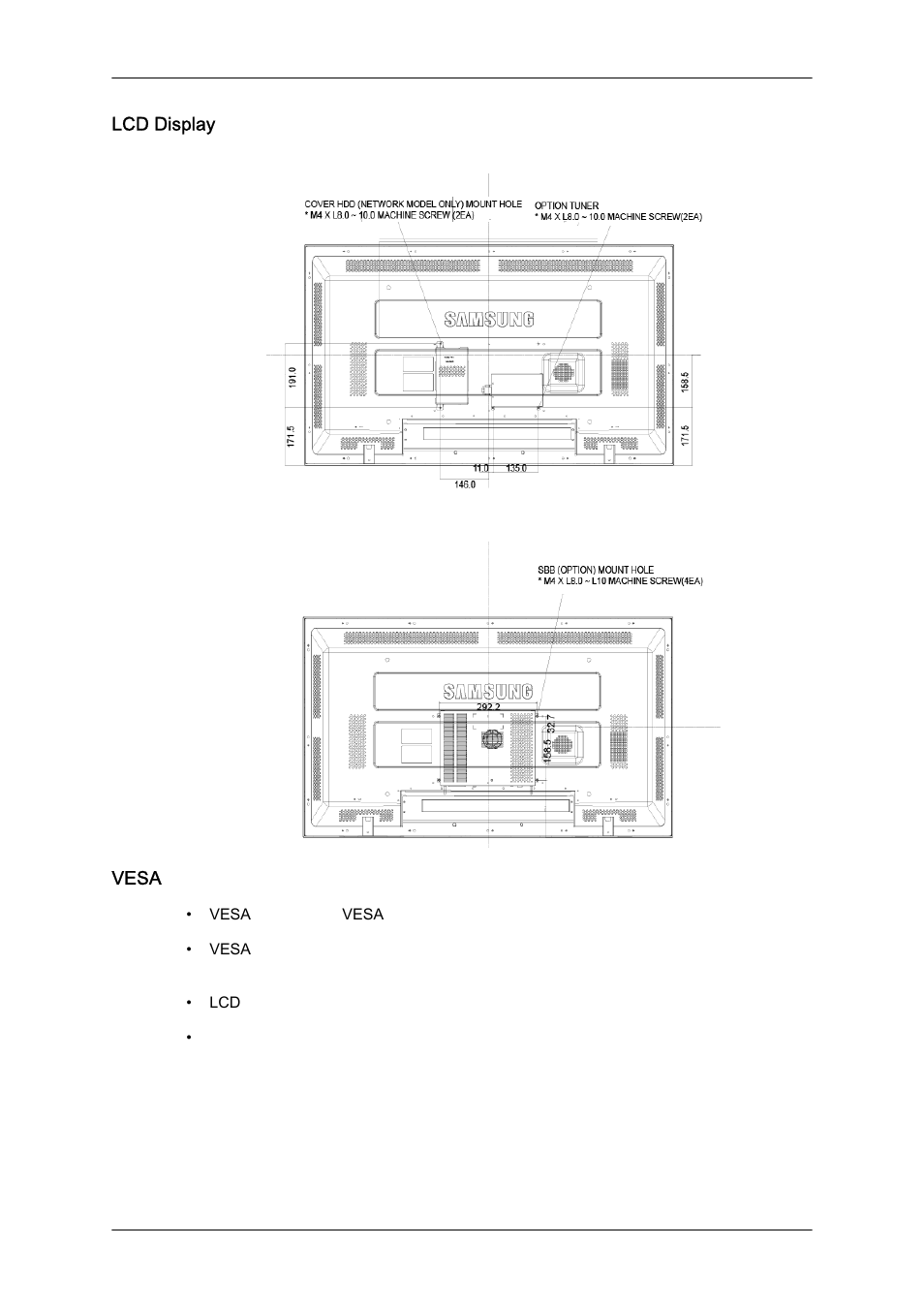 Lcd display 헤드, 네트웍 모델 사이즈, Vesa 브라켓 설치 | Samsung 400MXN-2 User Manual | Page 25 / 111