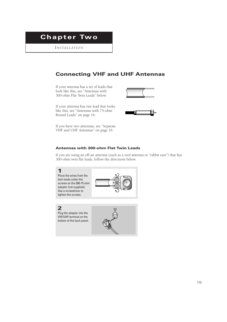Chapter two : installation, Connecting vhf and uhf antennas, Antennas with 300-ohm flat twin leads | Samsung TXN 2434F User Manual | Page 15 / 59