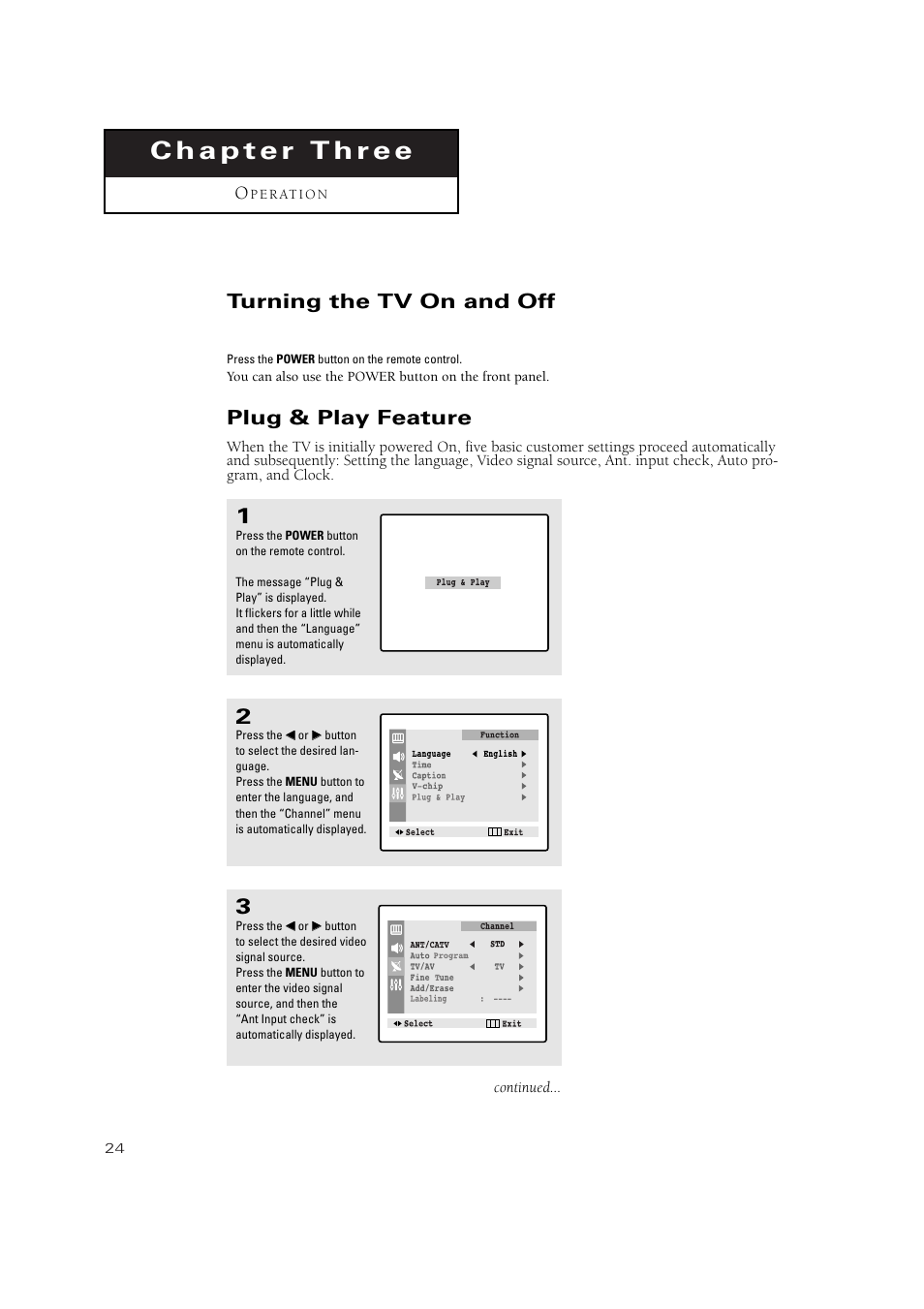 Chapter three : operation, Turning the tv on and off, Plug & play feature | Samsung TXN 2434F User Manual | Page 24 / 59