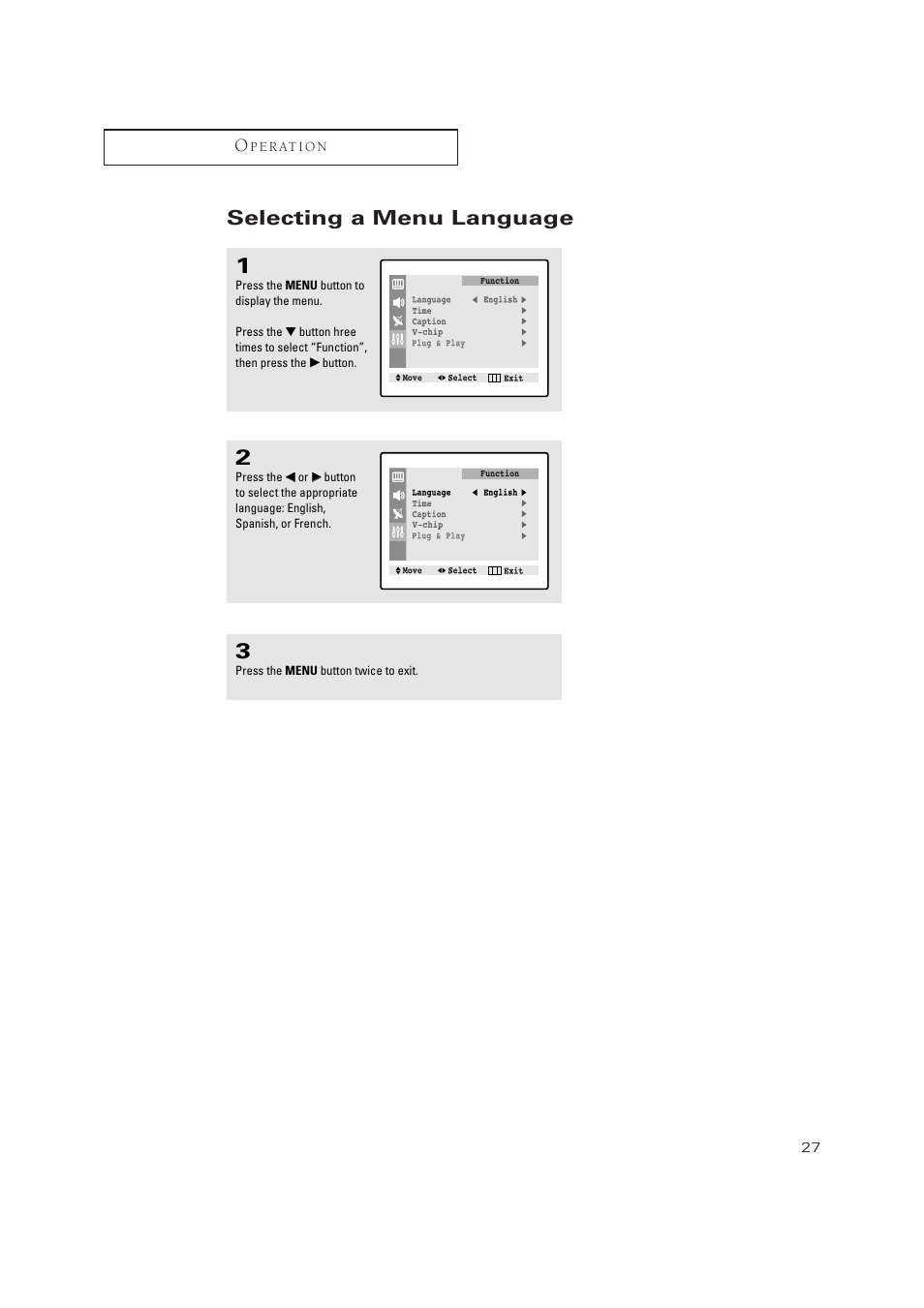 Selecting a menu language | Samsung TXN 2434F User Manual | Page 27 / 59