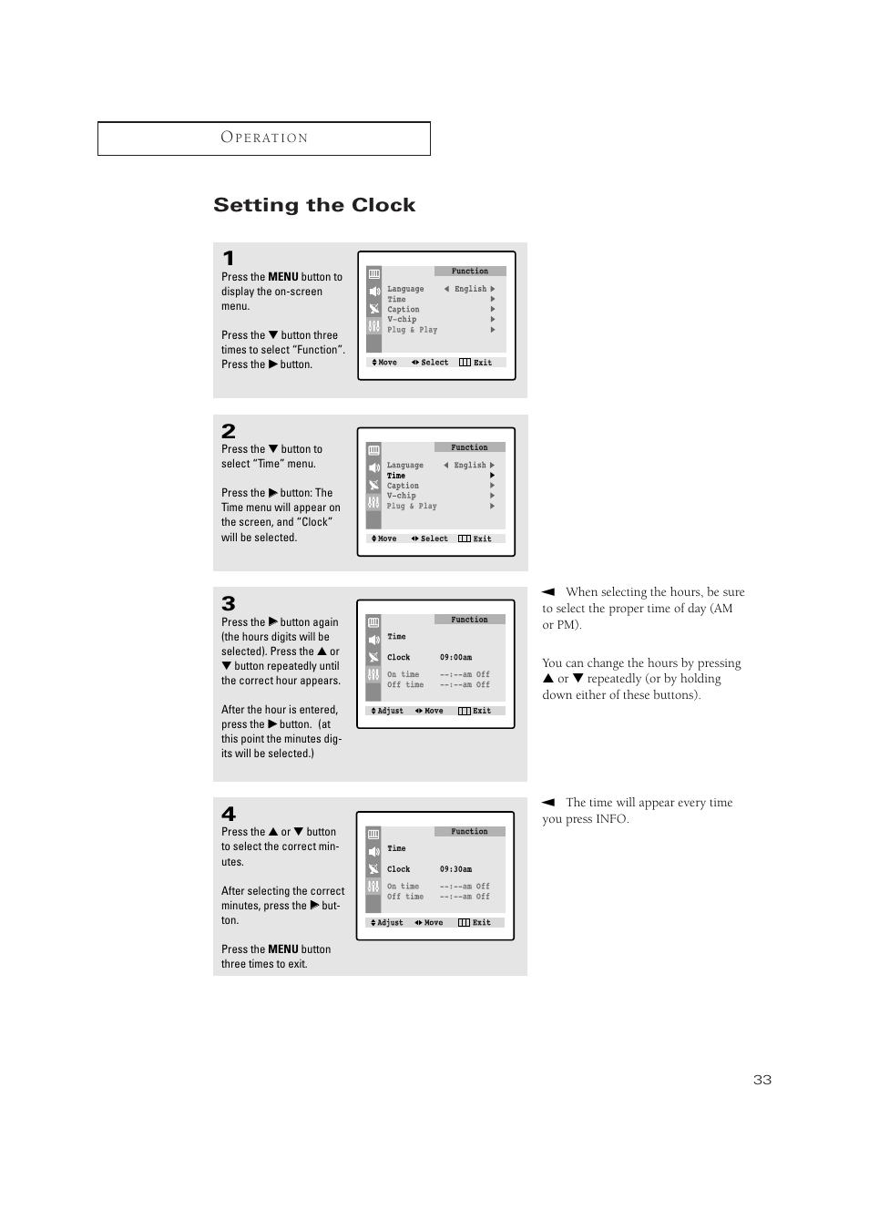 Setting the clock | Samsung TXN 2434F User Manual | Page 33 / 59