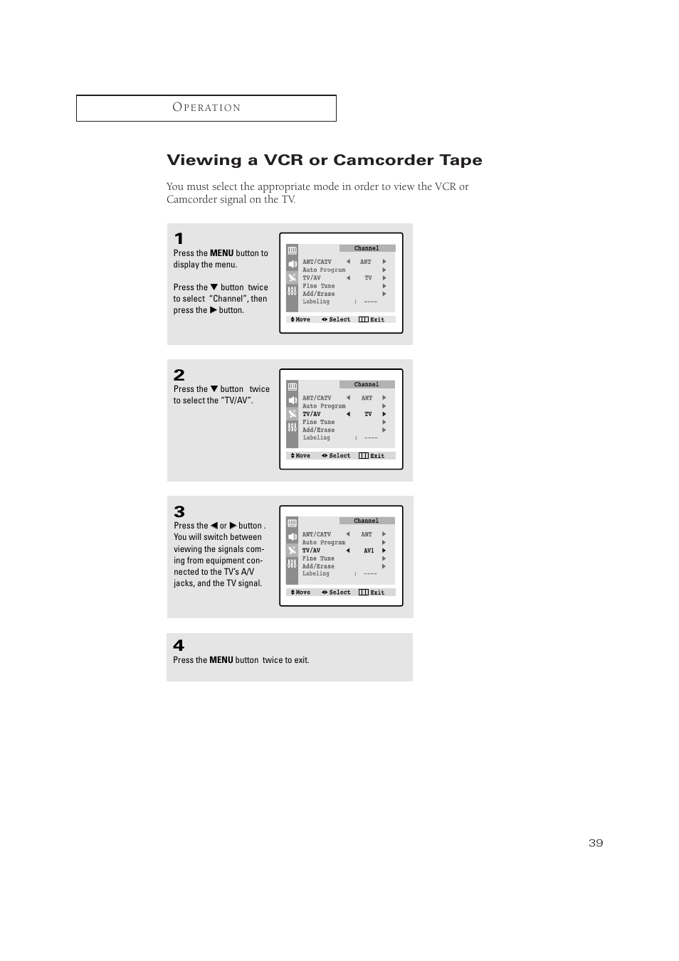 Viewing a vcr or camcorder tape | Samsung TXN 2434F User Manual | Page 39 / 59