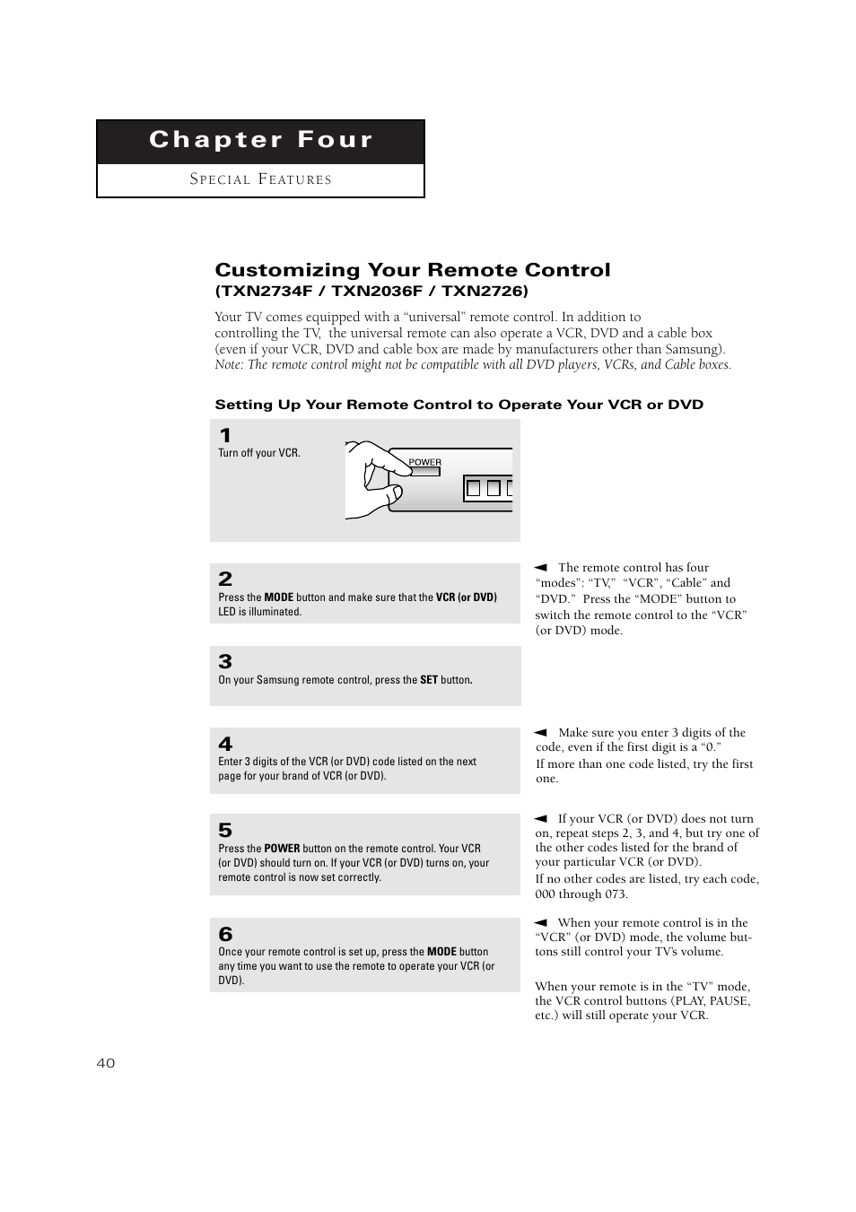 Chapter four : special features, Customizing your remote control | Samsung TXN 2434F User Manual | Page 40 / 59