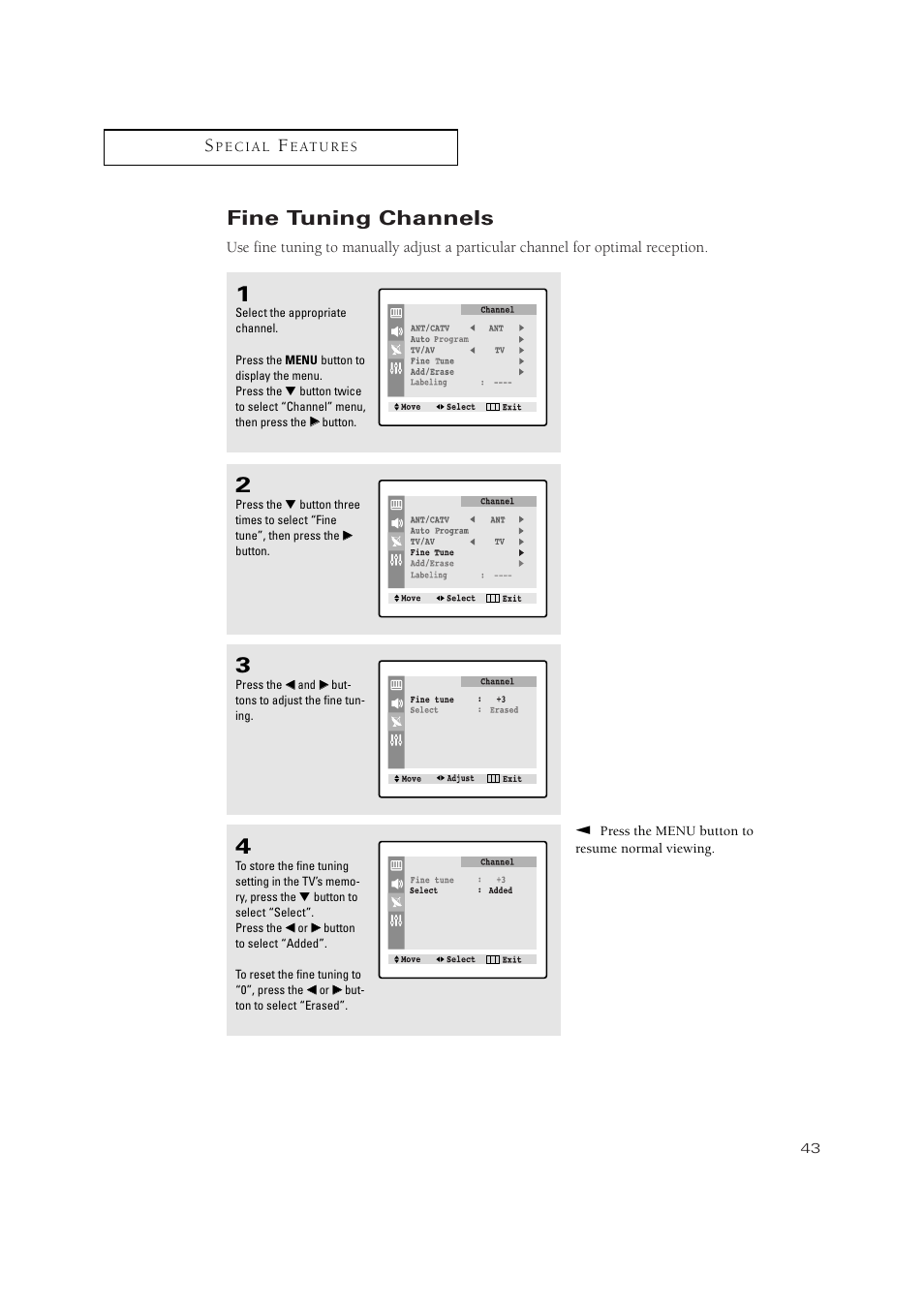 Fine tuning channels | Samsung TXN 2434F User Manual | Page 43 / 59