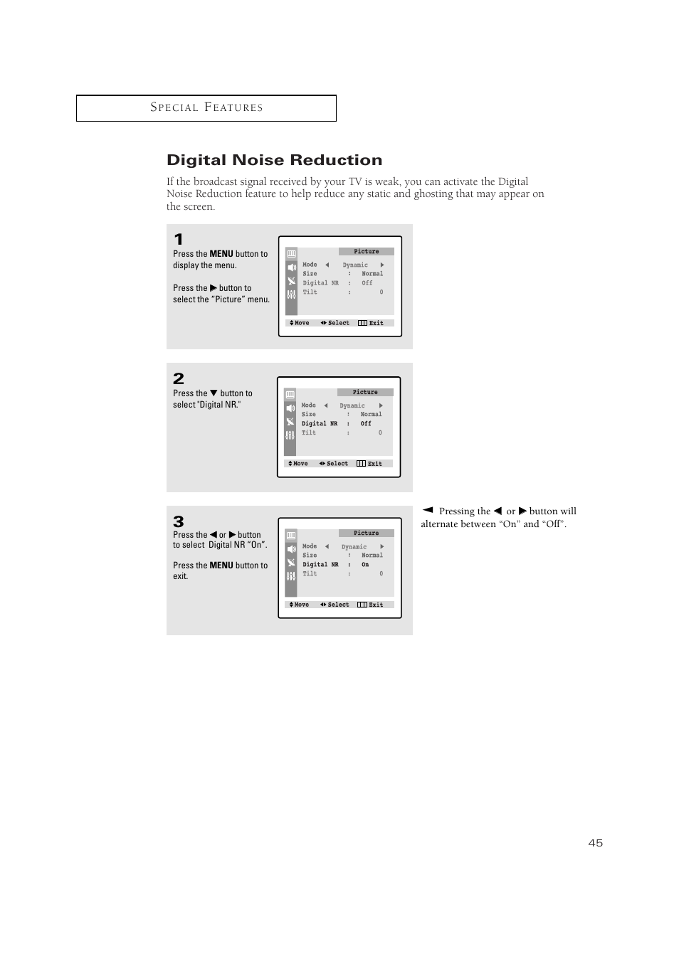 Digital noise reduction | Samsung TXN 2434F User Manual | Page 45 / 59