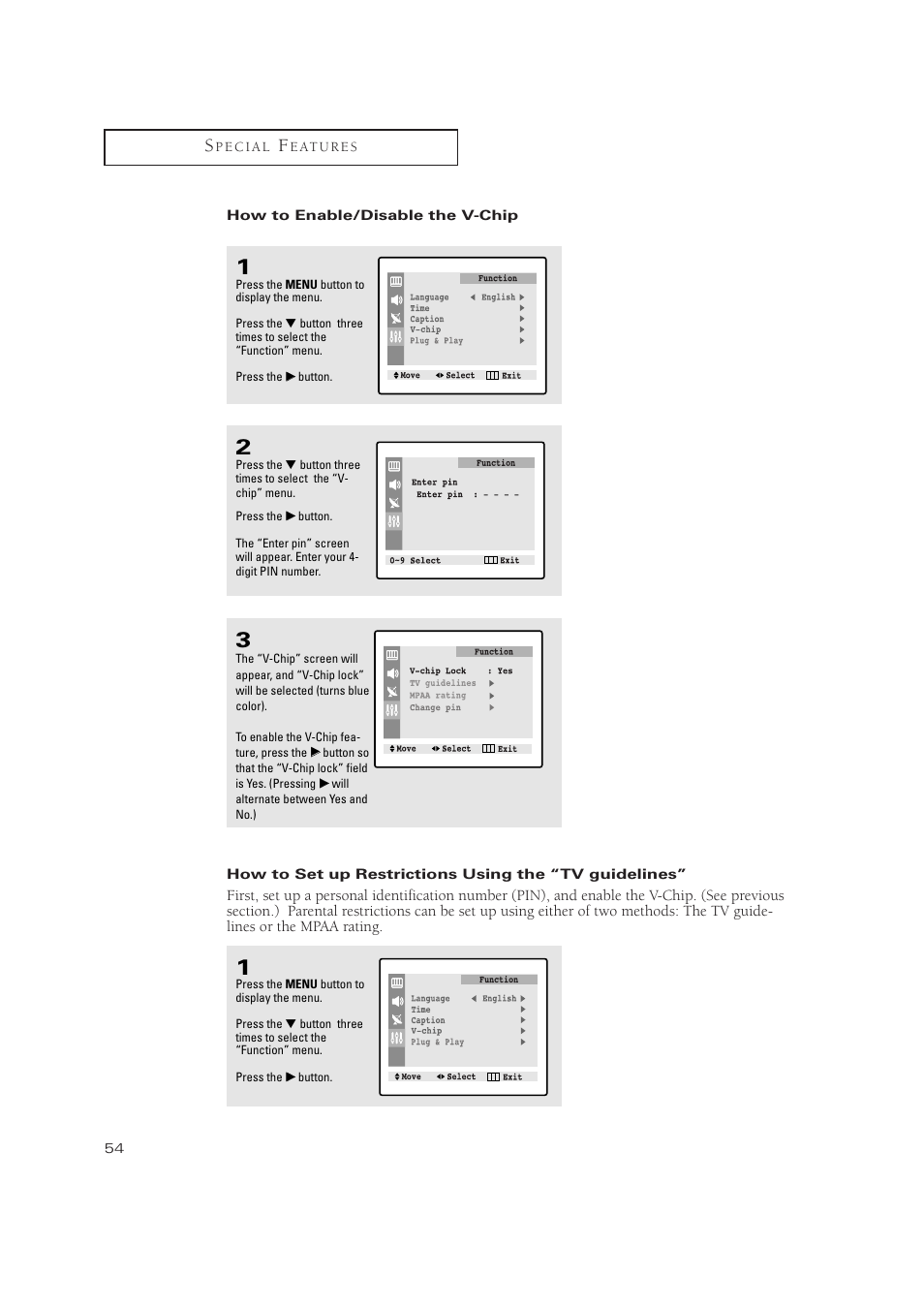 How to enable/disable the v-chip | Samsung TXN 2434F User Manual | Page 54 / 59