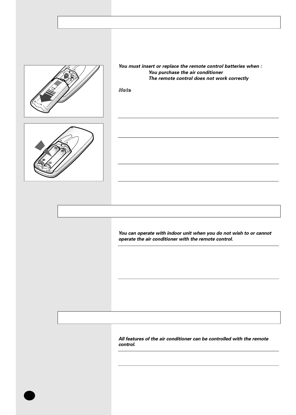 Inserting the remote control batteries, Using the control panel on the indoor unit, Using the remote control | Samsung APC3240C User Manual | Page 8 / 36