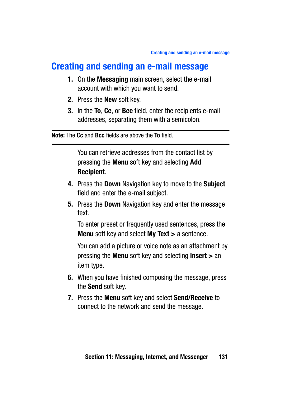 Creating and sending an e-mail message | Samsung SGH-i607 User Manual | Page 131 / 223