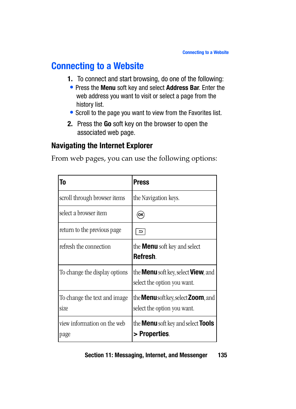 Connecting to a website | Samsung SGH-i607 User Manual | Page 135 / 223