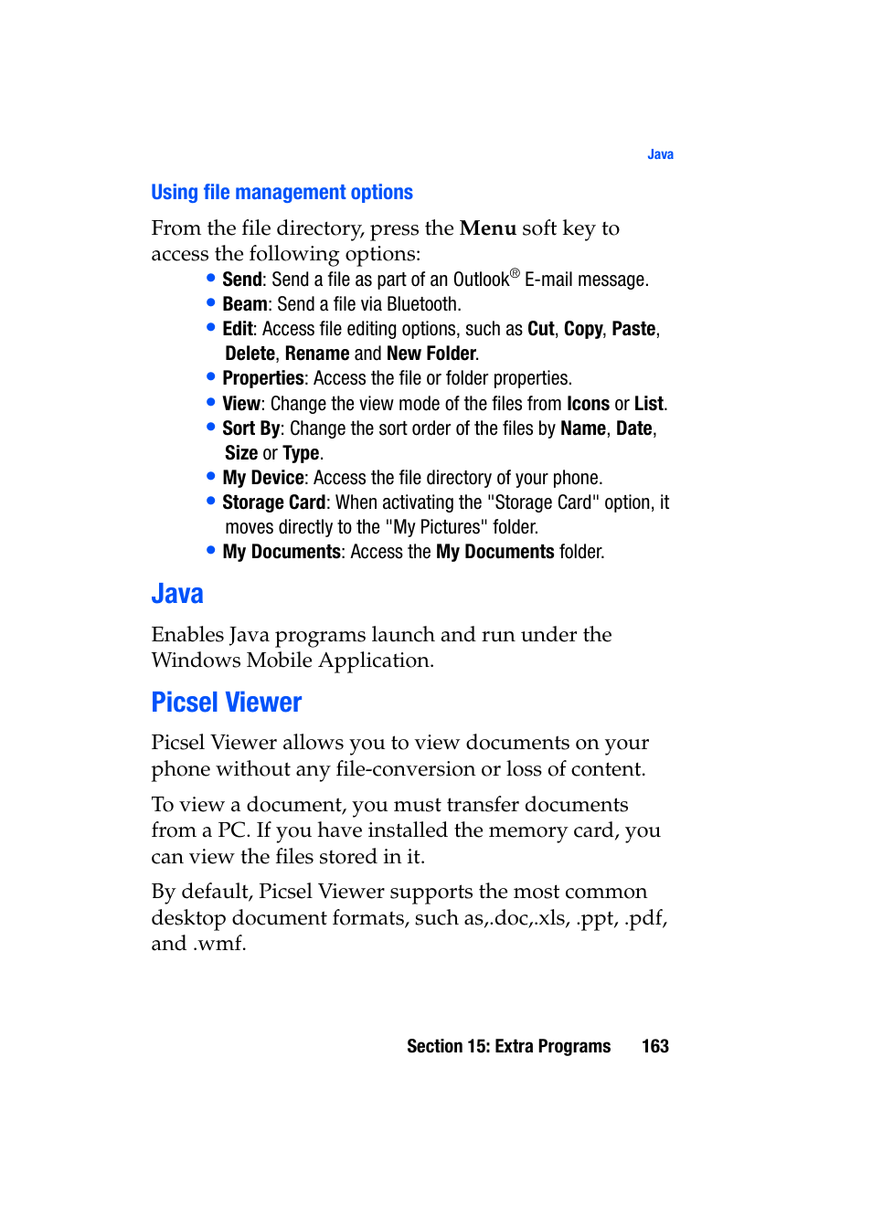 Java picsel viewer, Java, Picsel viewer | Samsung SGH-i607 User Manual | Page 163 / 223