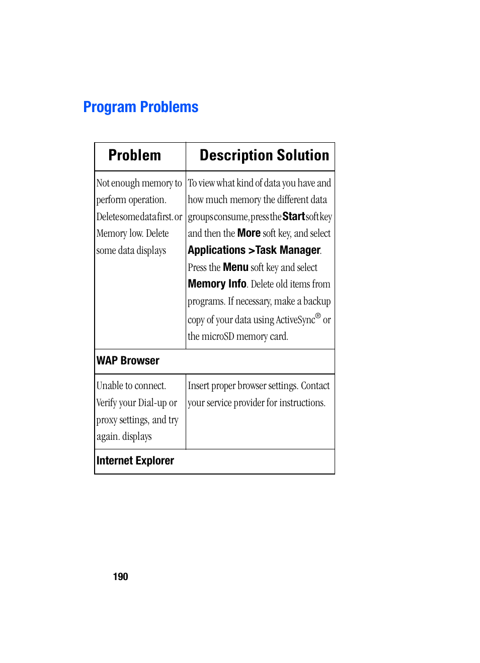 Program problems, Program problems problem description solution | Samsung SGH-i607 User Manual | Page 190 / 223