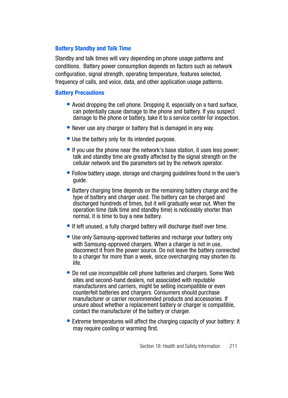 Battery standby and talk time battery precautions | Samsung SGH-i607 User Manual | Page 211 / 223