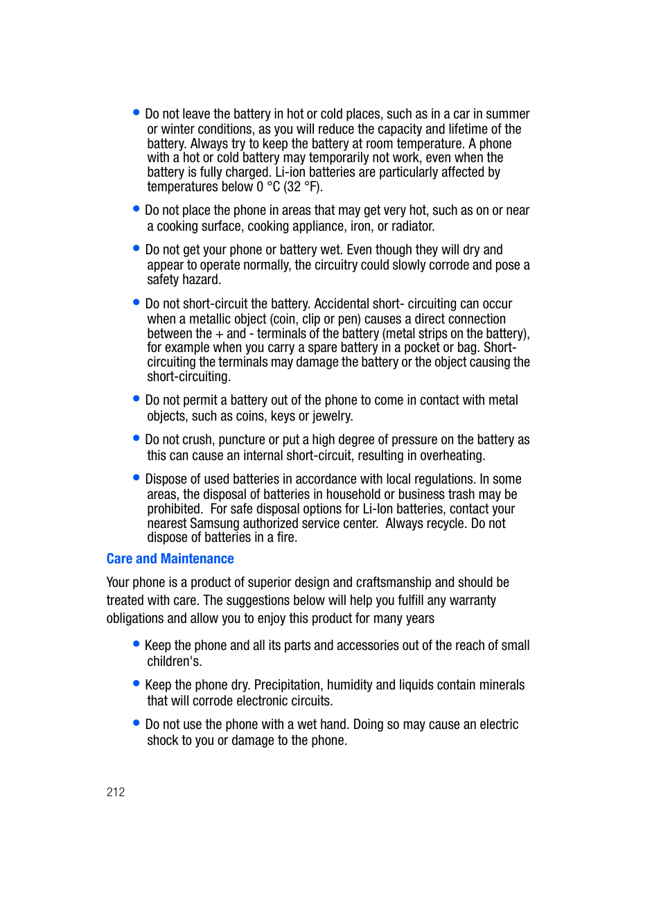 Care and maintenance | Samsung SGH-i607 User Manual | Page 212 / 223