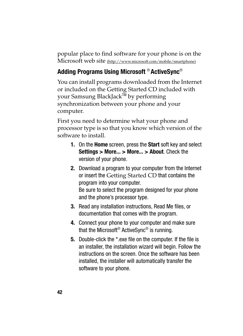 Adding programs using microsoft, Activesync | Samsung SGH-i607 User Manual | Page 42 / 223