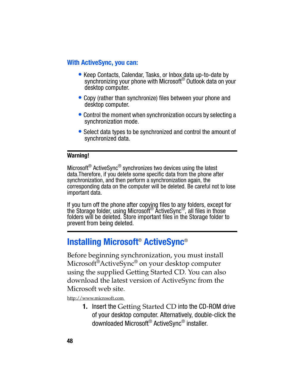 Installing microsoft, Activesync | Samsung SGH-i607 User Manual | Page 48 / 223