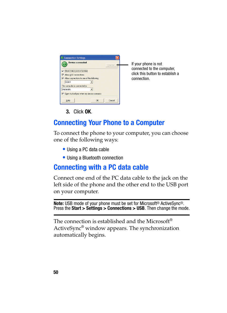 Connecting your phone to a computer, Connecting with a pc data cable | Samsung SGH-i607 User Manual | Page 50 / 223