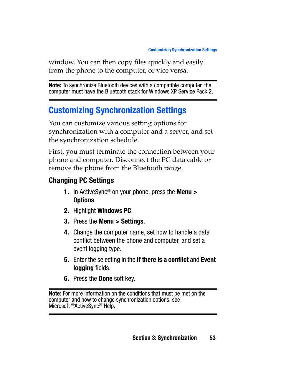 Customizing synchronization settings, Changing pc settings | Samsung SGH-i607 User Manual | Page 53 / 223