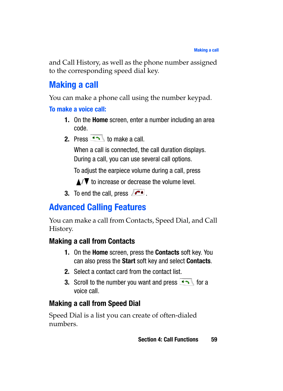 Making a call advanced calling features, Making a call, Advanced calling features | Samsung SGH-i607 User Manual | Page 59 / 223