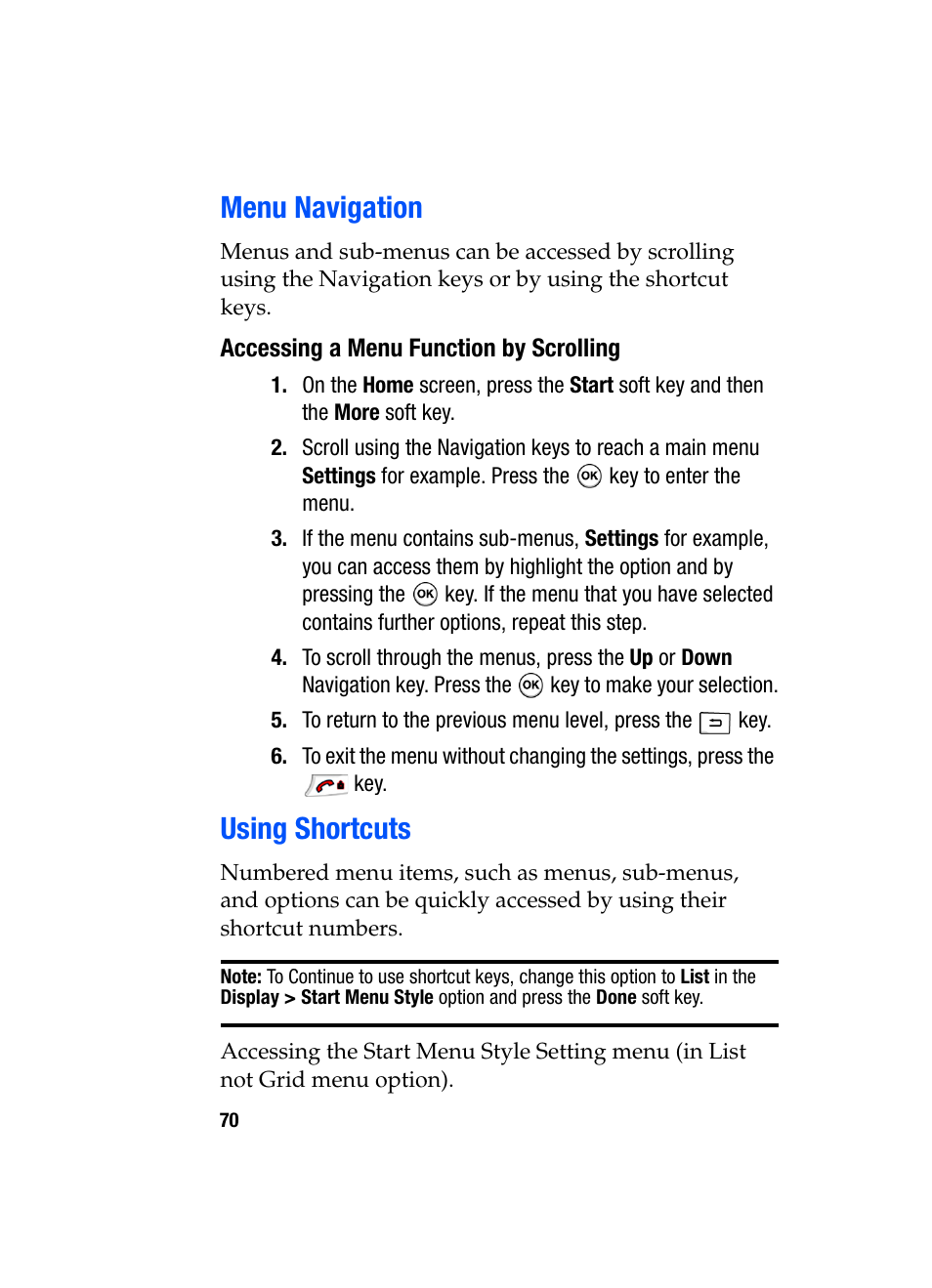 Menu navigation using shortcuts, Menu navigation, Using shortcuts | Samsung SGH-i607 User Manual | Page 70 / 223